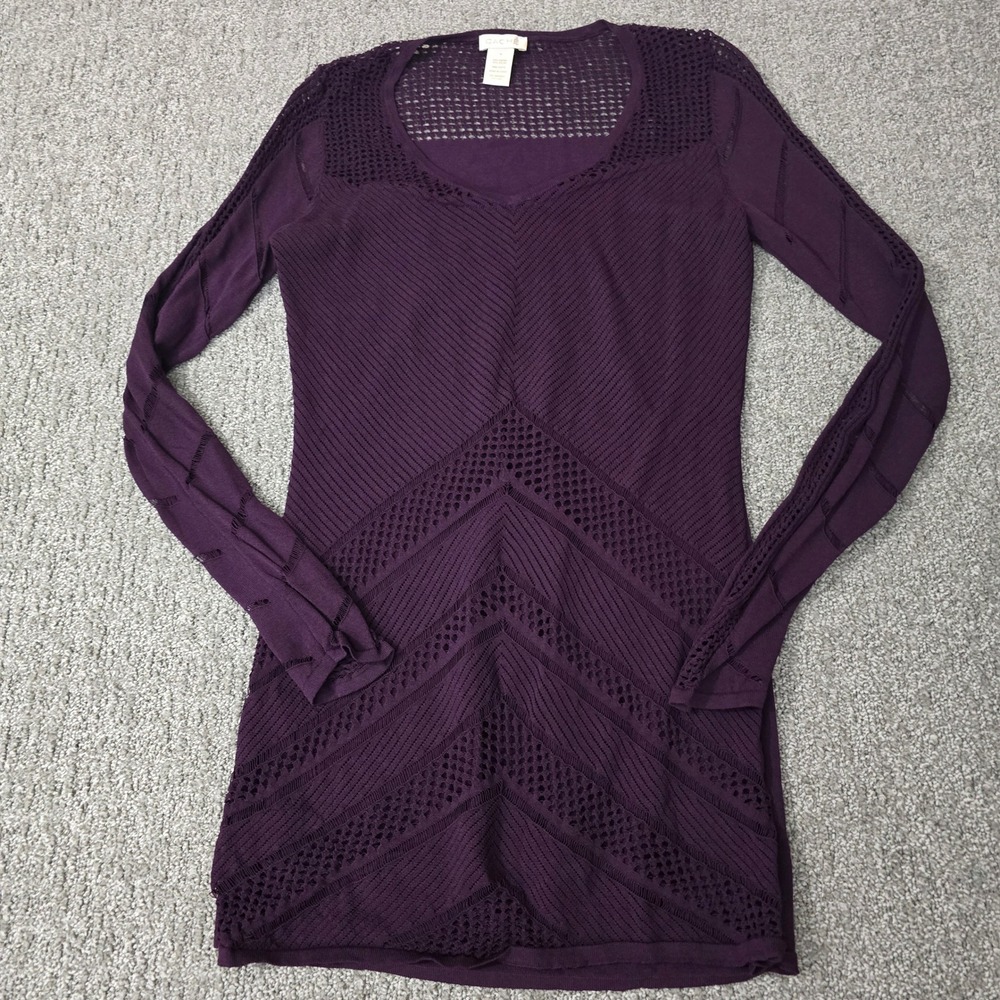 Caché Purple Open Knit Long Tunic Sweater M Y2K Goth Bodycon Mesh
